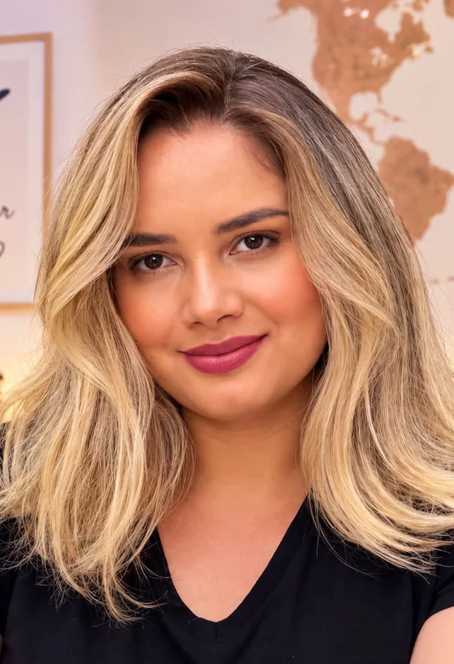 Karol Lima sorrindo, com um mapa-múndi na parede ao fundo