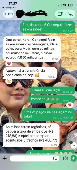 Conversa no WhatsApp: aluna conta que emitiu as passagens de ida e volta para Madri com milhas da Latam e pagou só a taxa de embarque (R$ 218,88) e os assentos (R$ 400,77).
