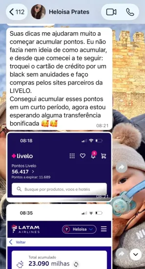 Conversa no WhatsApp: seguidora conta que trocou de cartão, passou a comprar pelos parceiros da Livelo e juntou 56.417 pontos Livelo e 23.090 milhas Latam.