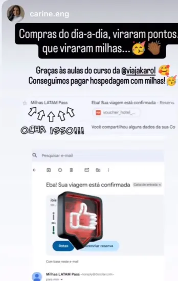 Story no Instagram: aluna mostra a hospedagem paga com milhas Latam Pass, graças às aulas do curso da @viajakarol.