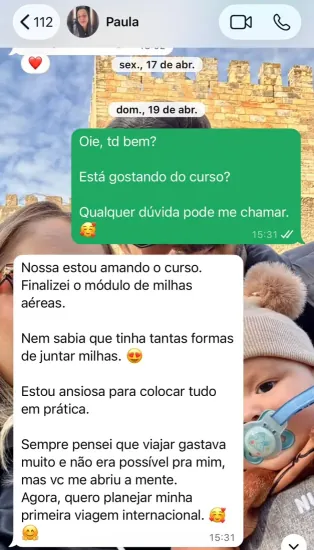 Conversa no WhatsApp: aluna diz que está amando o curso, terminou o módulo de milhas aéreas e agora quer planejar a primeira viagem internacional.