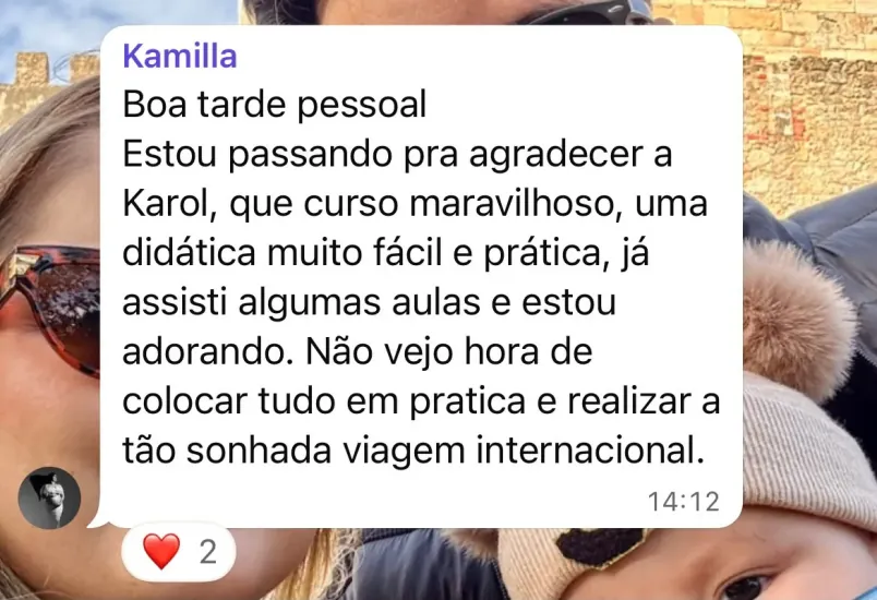 Mensagem no grupo de alunos: aluna agradece pelo curso e pela didática fácil e prática.