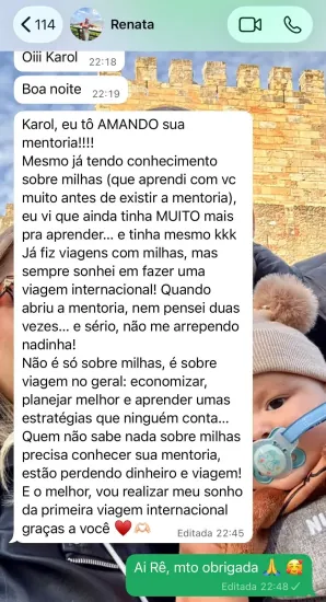 Conversa no WhatsApp: aluna da mentoria conta que vai realizar o sonho da primeira viagem internacional.