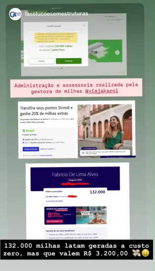Story no Instagram: cliente mostra 132.000 milhas Latam geradas a custo zero com a administração e assessoria da gestora de milhas @viajakarol, que valem R$ 3.200,00.